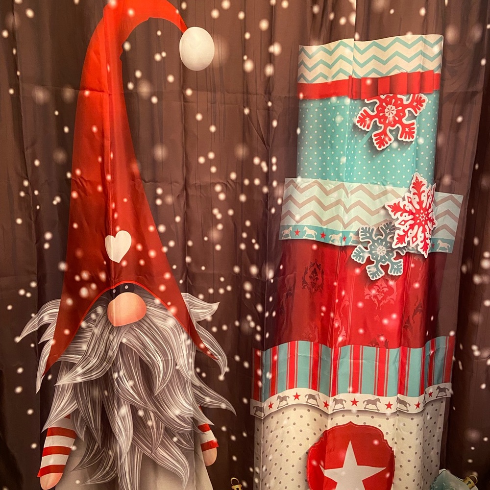 Christmas gnome shower curtain.